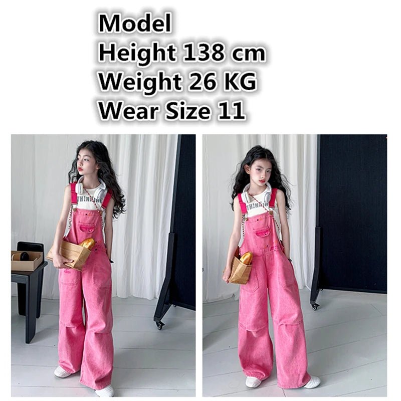 Luxury Kids Pink Denim Dungarees Bib Jeans for Teens Girl Casual Suspender Jumpsuit Child Fashion Jeans Overalls - Mom & Kids