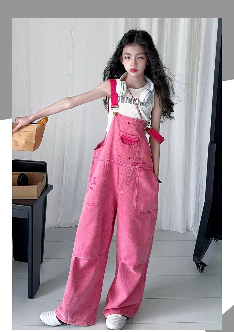 Luxury Kids Pink Denim Dungarees Bib Jeans for Teens Girl Casual Suspender Jumpsuit Child Fashion Jeans Overalls - Mom & Kids