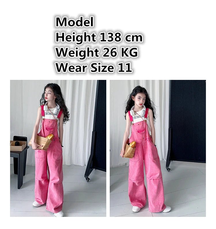 Luxury Kids Pink Denim Dungarees Bib Jeans for Teens Girl Casual Suspender Jumpsuit Child Fashion Jeans Overalls - Mom & Kids
