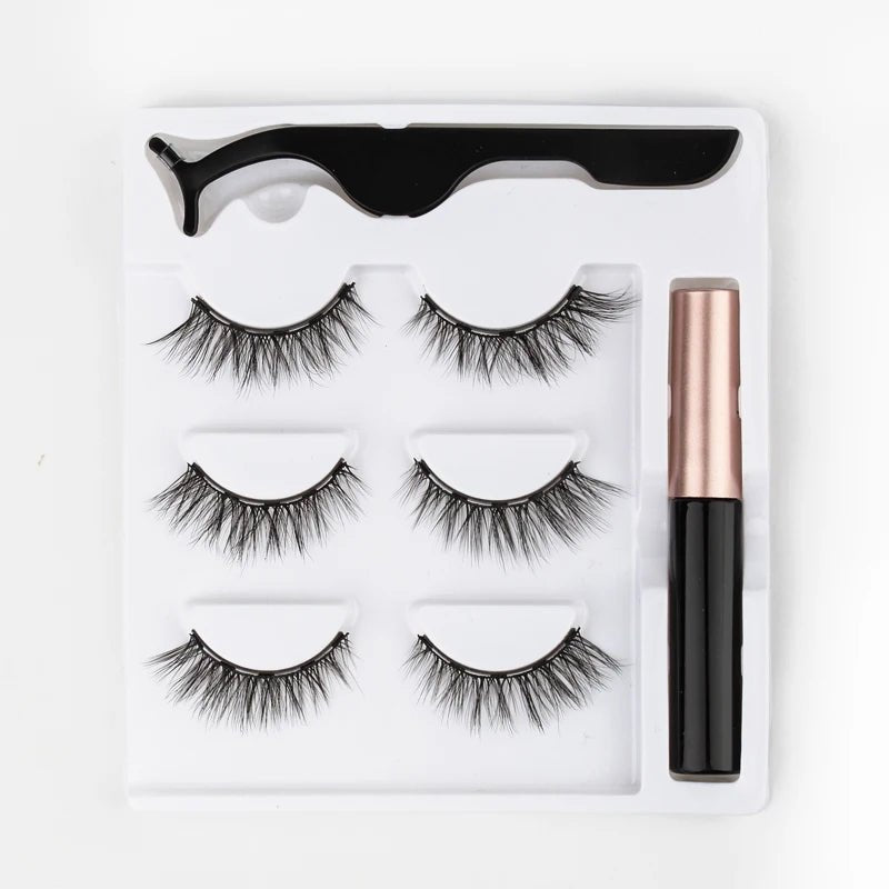 3 pairs magnetic eyelashes set with waterproof magnetic eyeliner and tweezer for reusable natural eye makeup