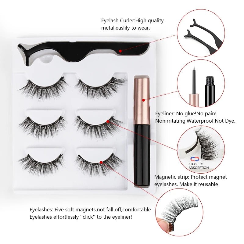 3 pairs magnetic eyelashes set with waterproof magnetic eyeliner and tweezer for reusable natural eye makeup