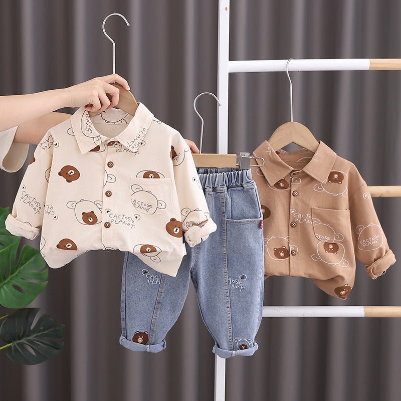 Male Baby Baby Spring Clothes Shirt Clothes Autumn Western Style Full Print Bear Cartoon Handsome Two-piece Set Little Boy Children's Clothes - Mom & Kids