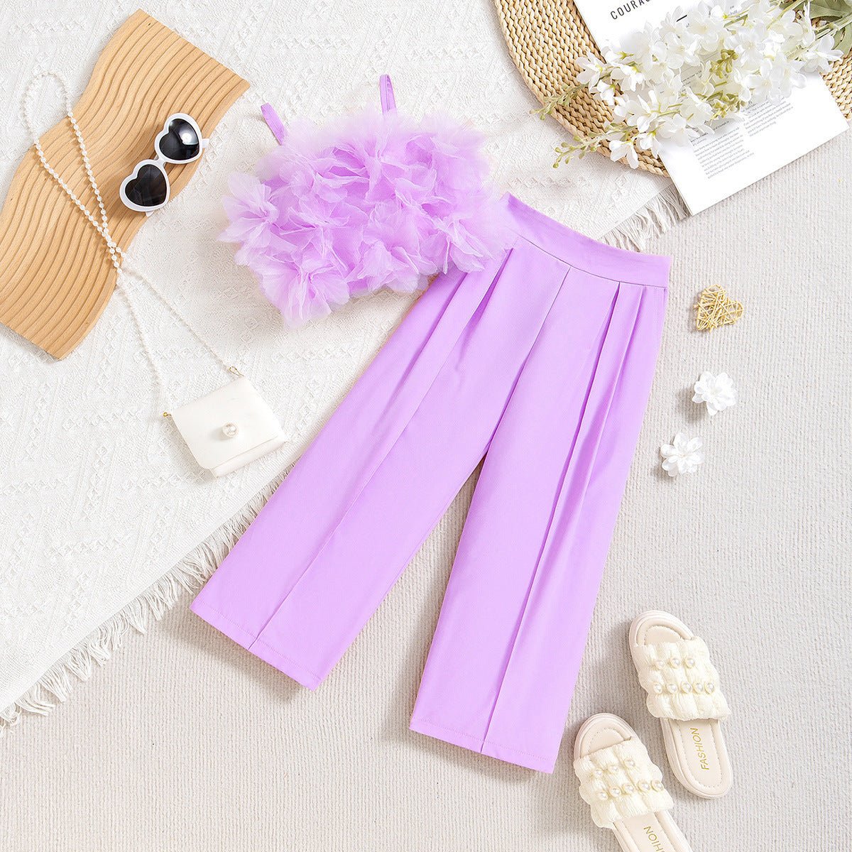 Mesh Three-dimensional Flower Sling Top Slim Fit Suit Pants Suit (Available) - Mom & Kids