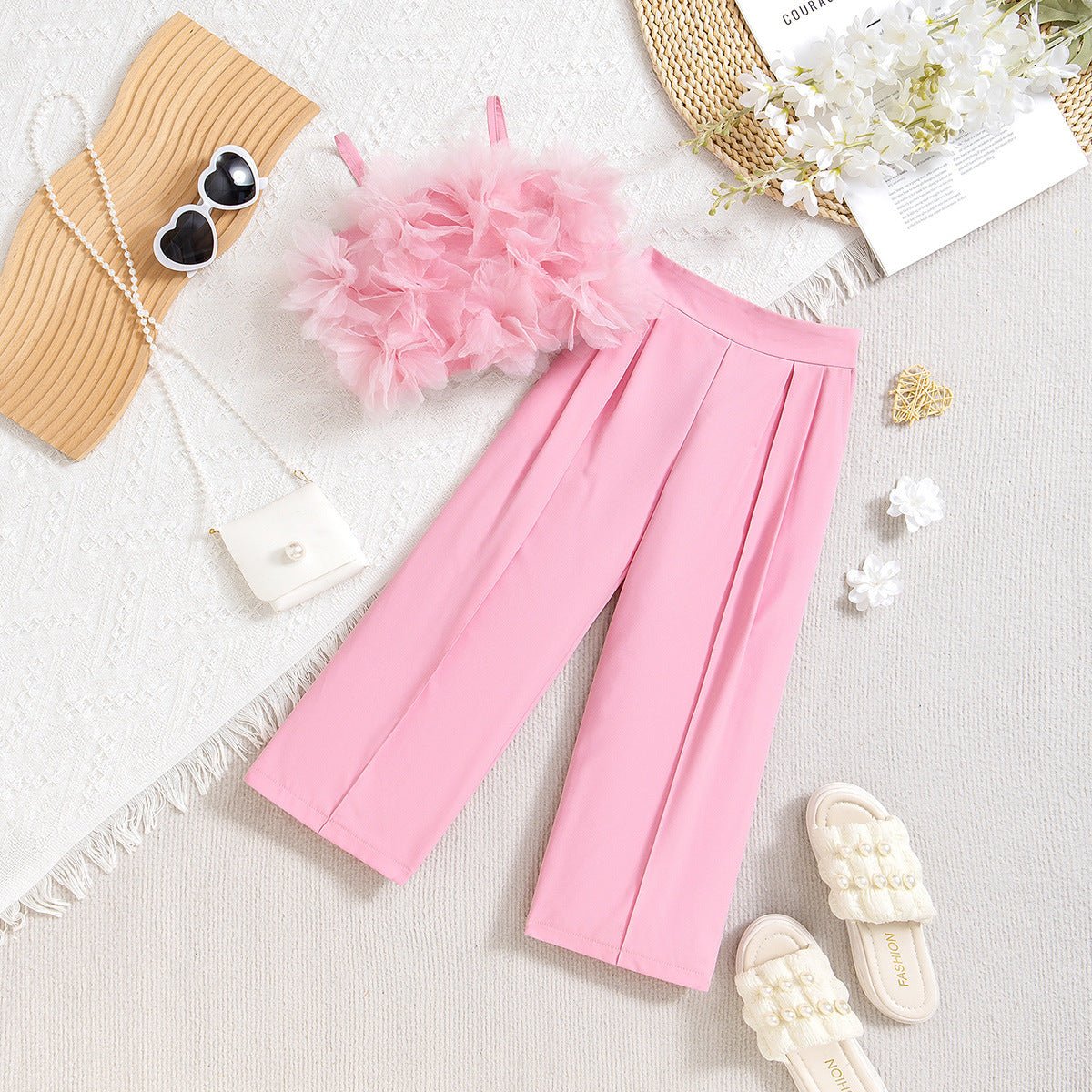 Mesh Three-dimensional Flower Sling Top Slim Fit Suit Pants Suit (Available) - Mom & Kids
