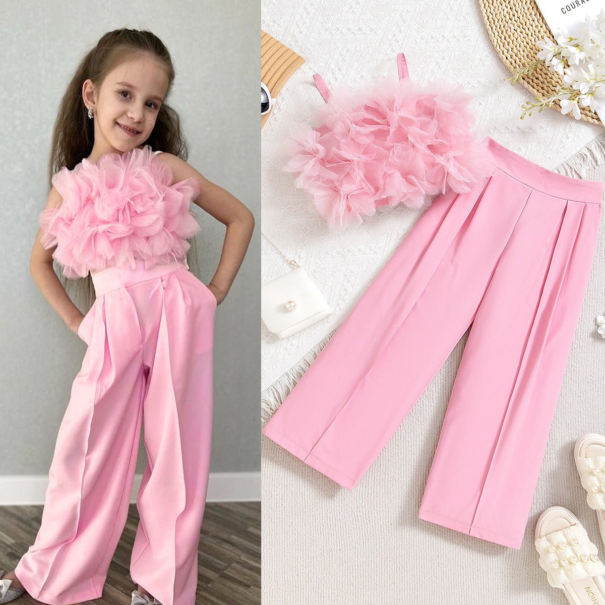 Mesh Three-dimensional Flower Sling Top Slim Fit Suit Pants Suit (Available) - Mom & Kids