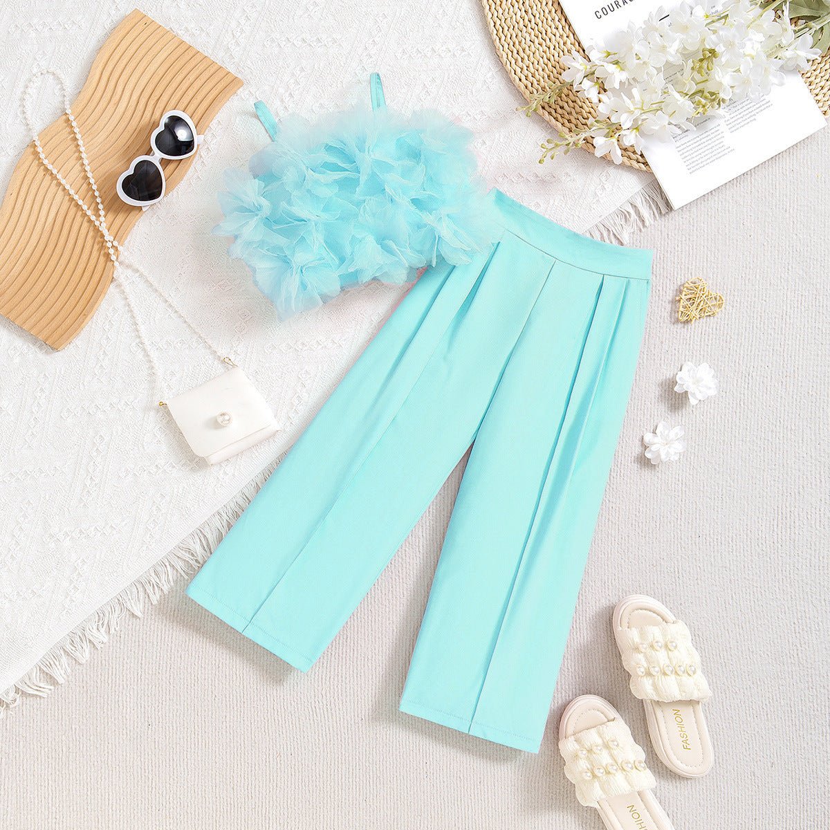 Mesh Three-dimensional Flower Sling Top Slim Fit Suit Pants Suit (Available) - Mom & Kids