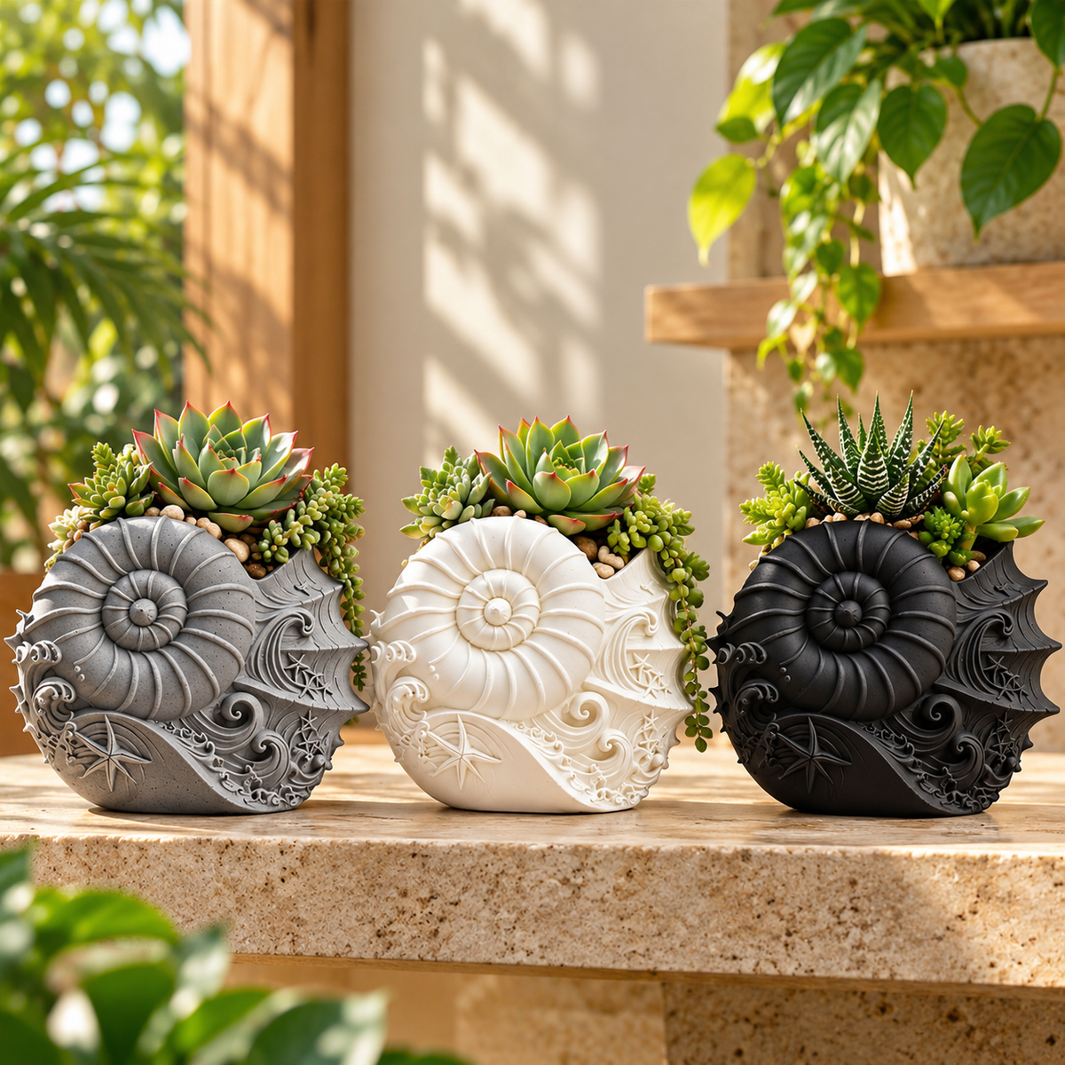 Nautilus shell shaped mini planter in grey white and black with succulents