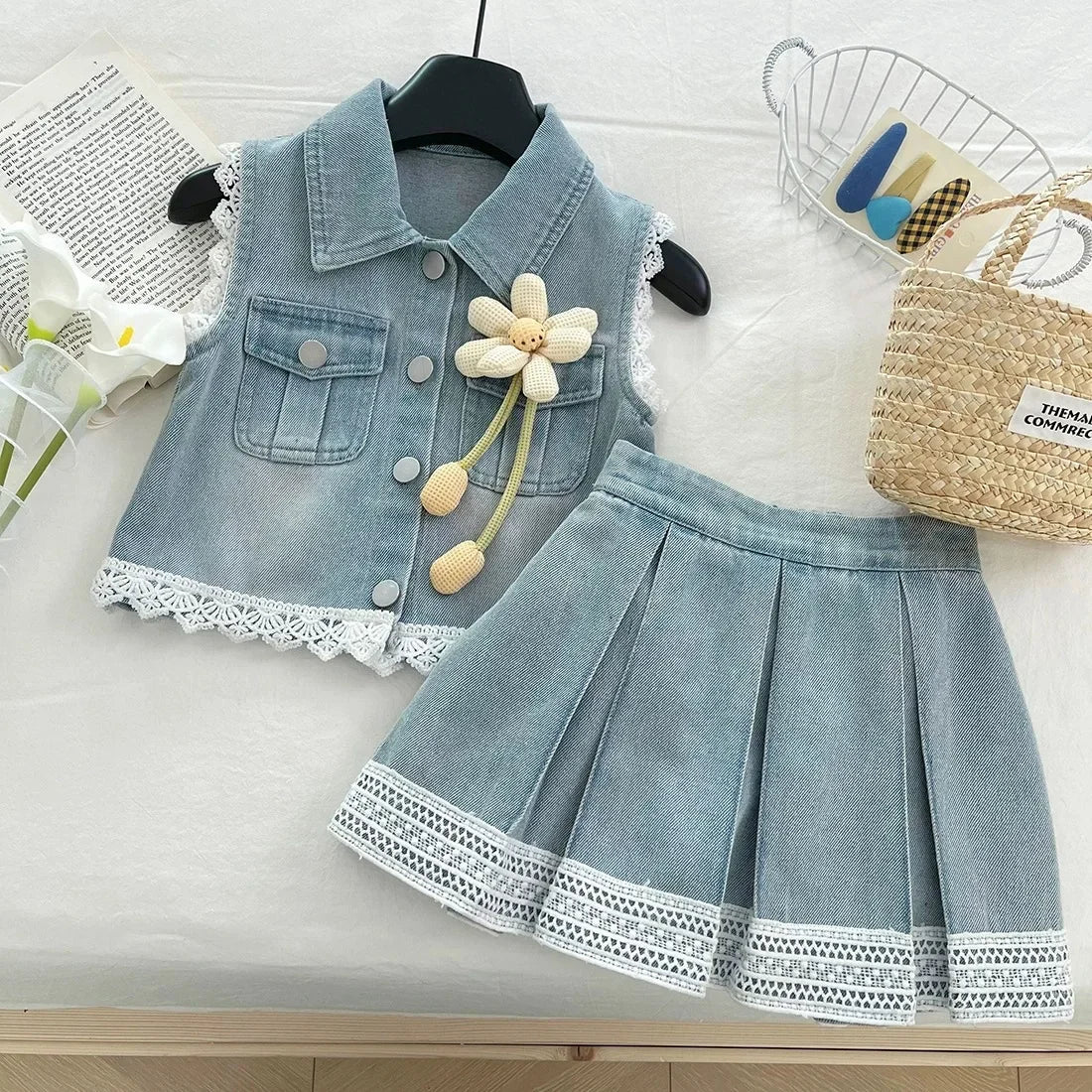 New Baby Girl Summer Denim Set, Children's Lace Splicing Top and Skirt Set - Mom & Kids