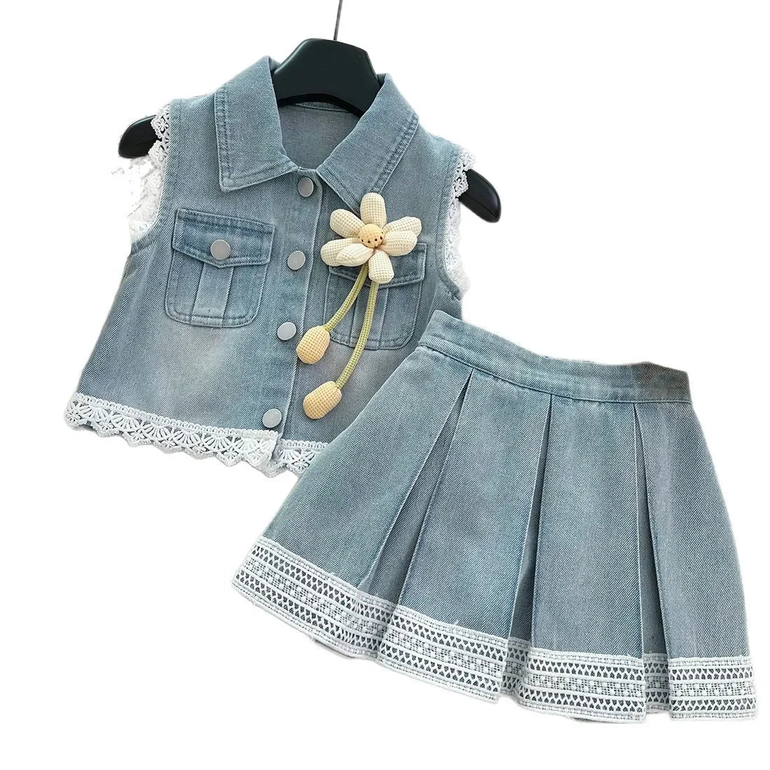 New Baby Girl Summer Denim Set, Children's Lace Splicing Top and Skirt Set - Mom & Kids