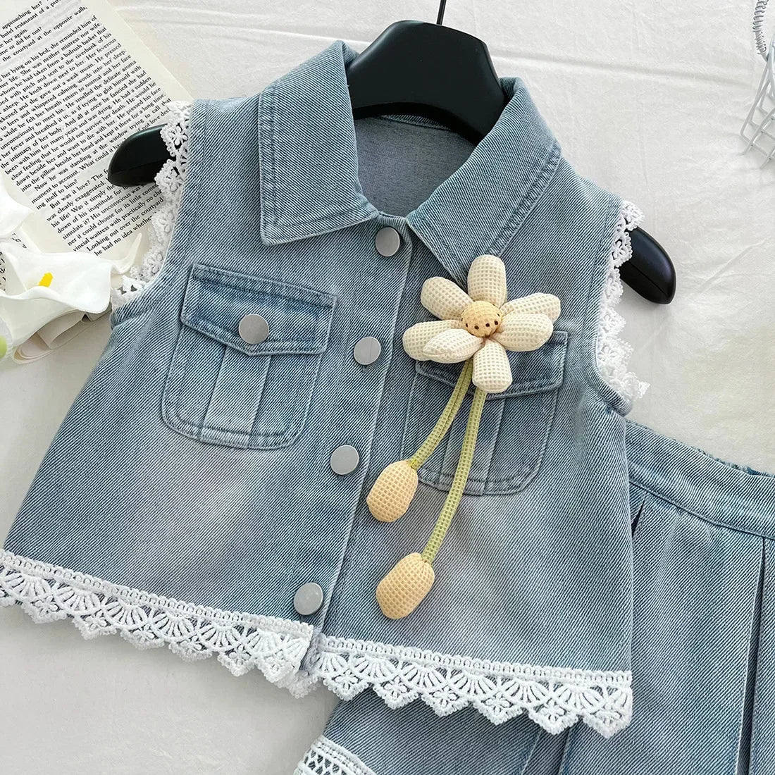 New Baby Girl Summer Denim Set, Children's Lace Splicing Top and Skirt Set - Mom & Kids