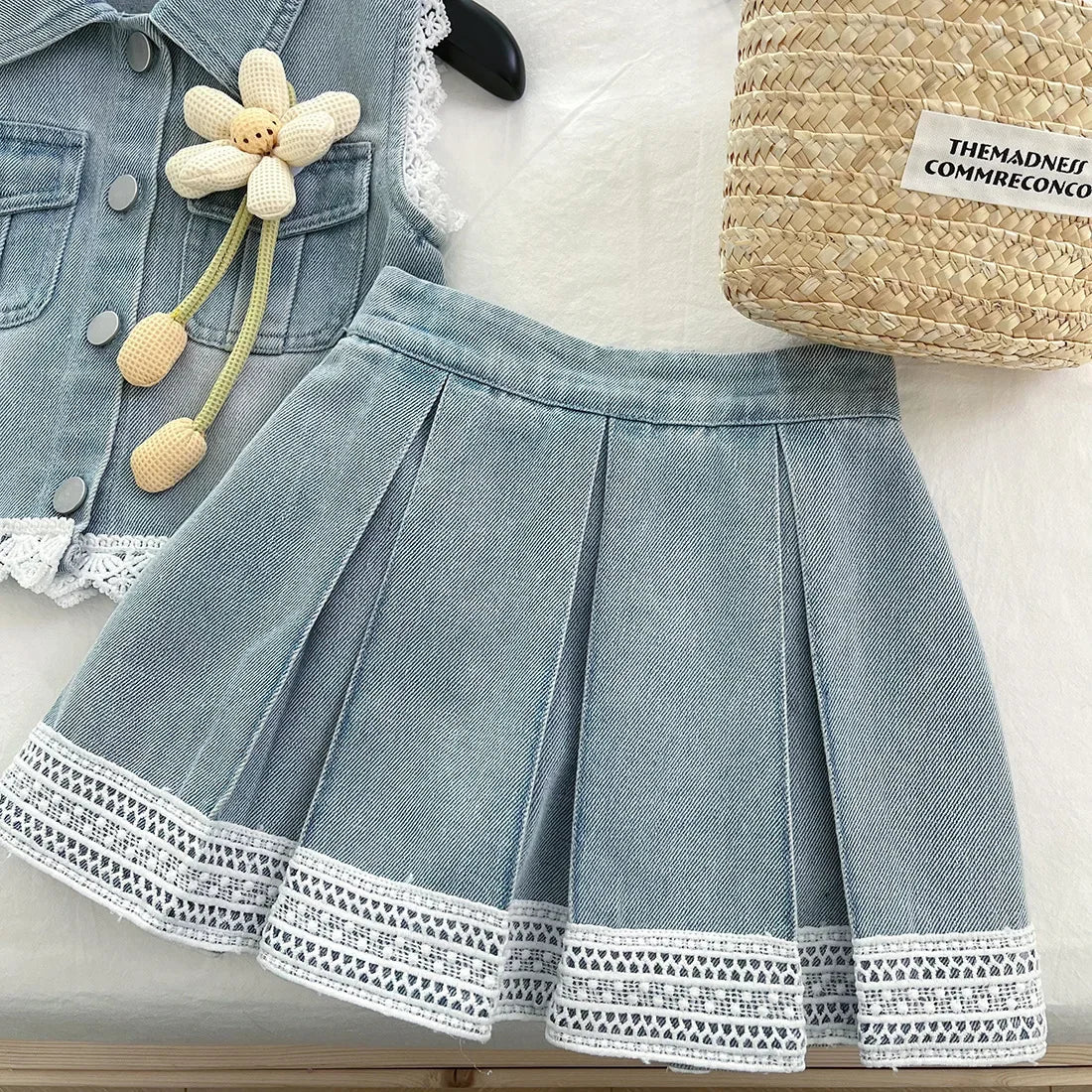 New Baby Girl Summer Denim Set, Children's Lace Splicing Top and Skirt Set - Mom & Kids