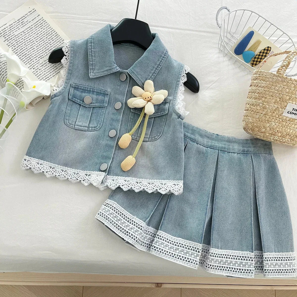 New Baby Girl Summer Denim Set, Children's Lace Splicing Top and Skirt Set - Mom & Kids