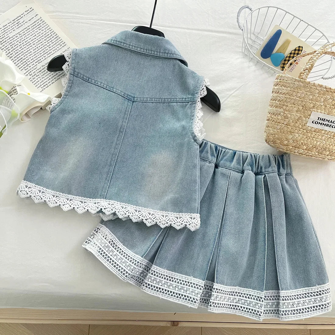 New Baby Girl Summer Denim Set, Children's Lace Splicing Top and Skirt Set - Mom & Kids