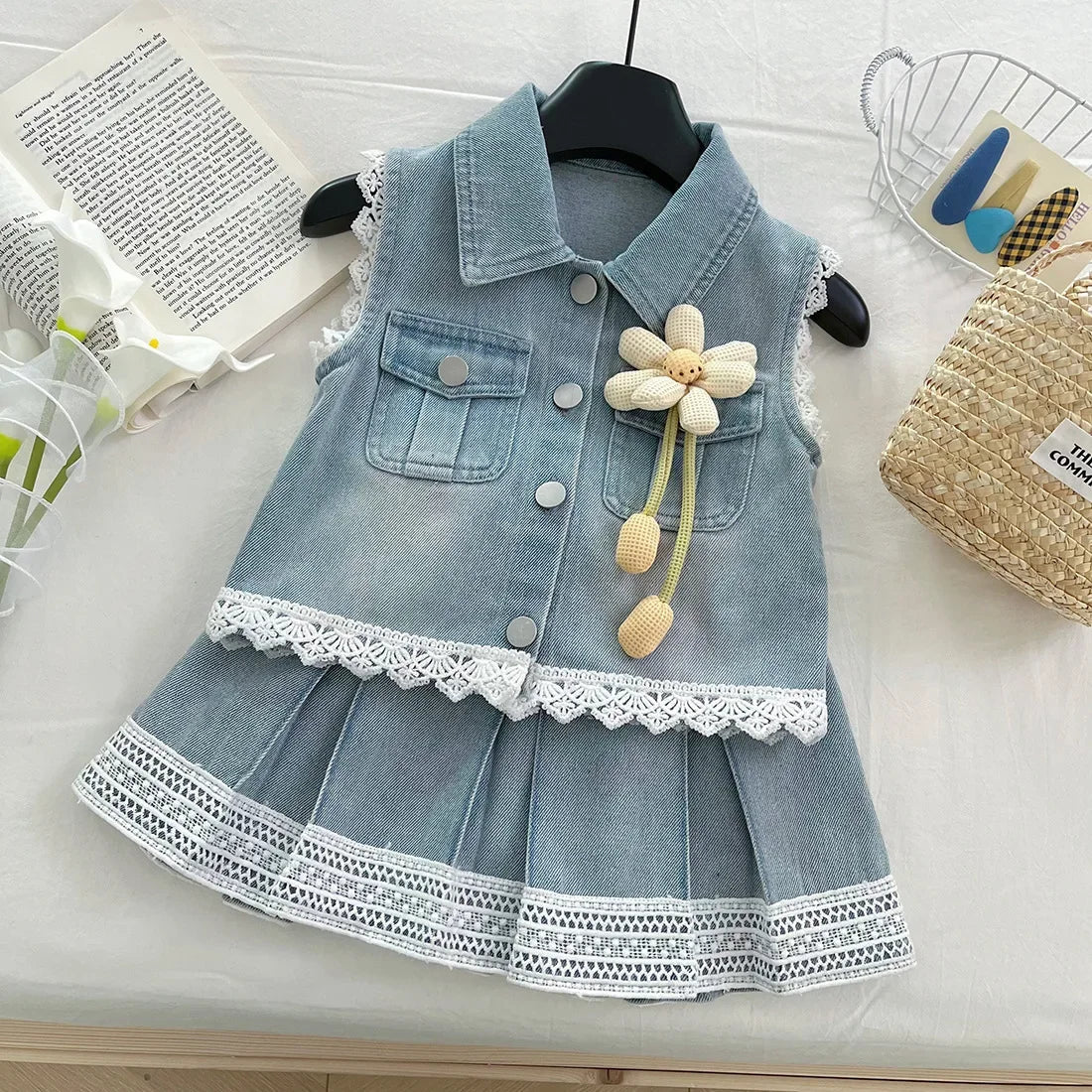 New Baby Girl Summer Denim Set, Children's Lace Splicing Top and Skirt Set - Mom & Kids