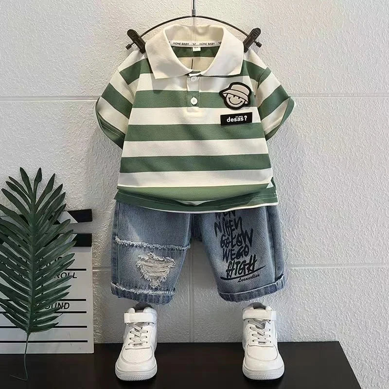 New Boutique Outfits Striped Turn-down Collar T-shirts Tops+Shorts 2PCS Korean Fashion Kids Golf Sport Clothing - Mom & Kids