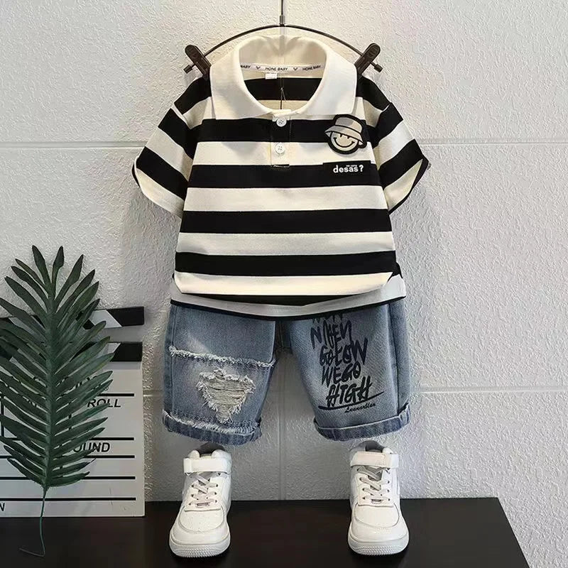 New Boutique Outfits Striped Turn-down Collar T-shirts Tops+Shorts 2PCS Korean Fashion Kids Golf Sport Clothing - Mom & Kids