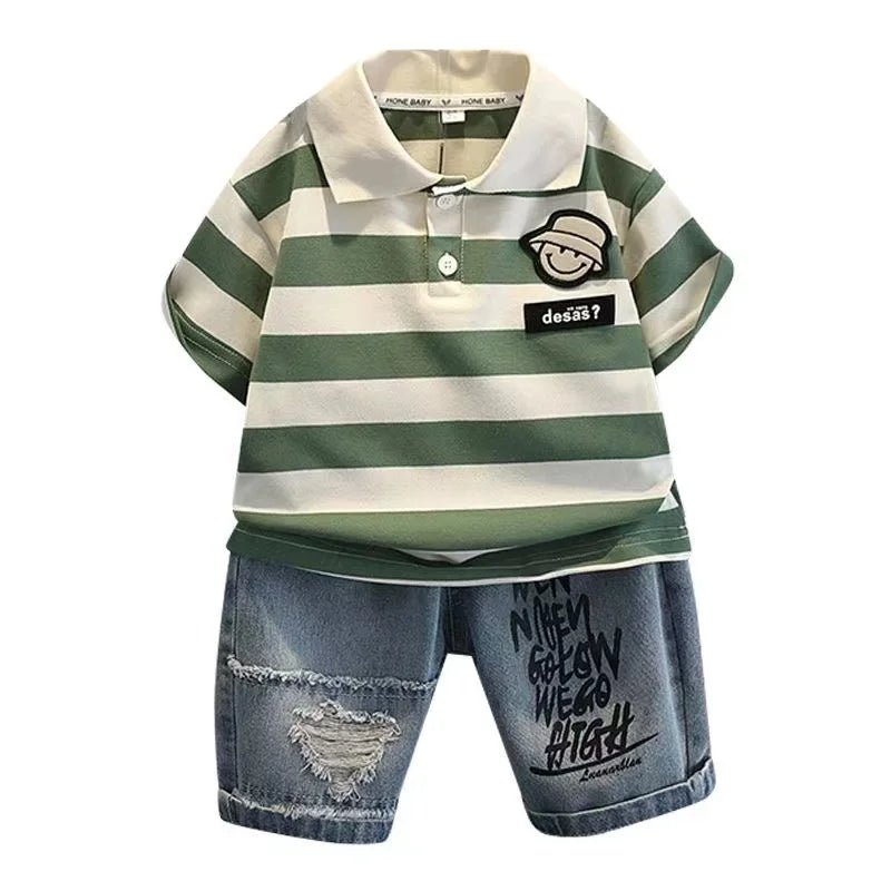 New Boutique Outfits Striped Turn-down Collar T-shirts Tops+Shorts 2PCS Korean Fashion Kids Golf Sport Clothing - Mom & Kids