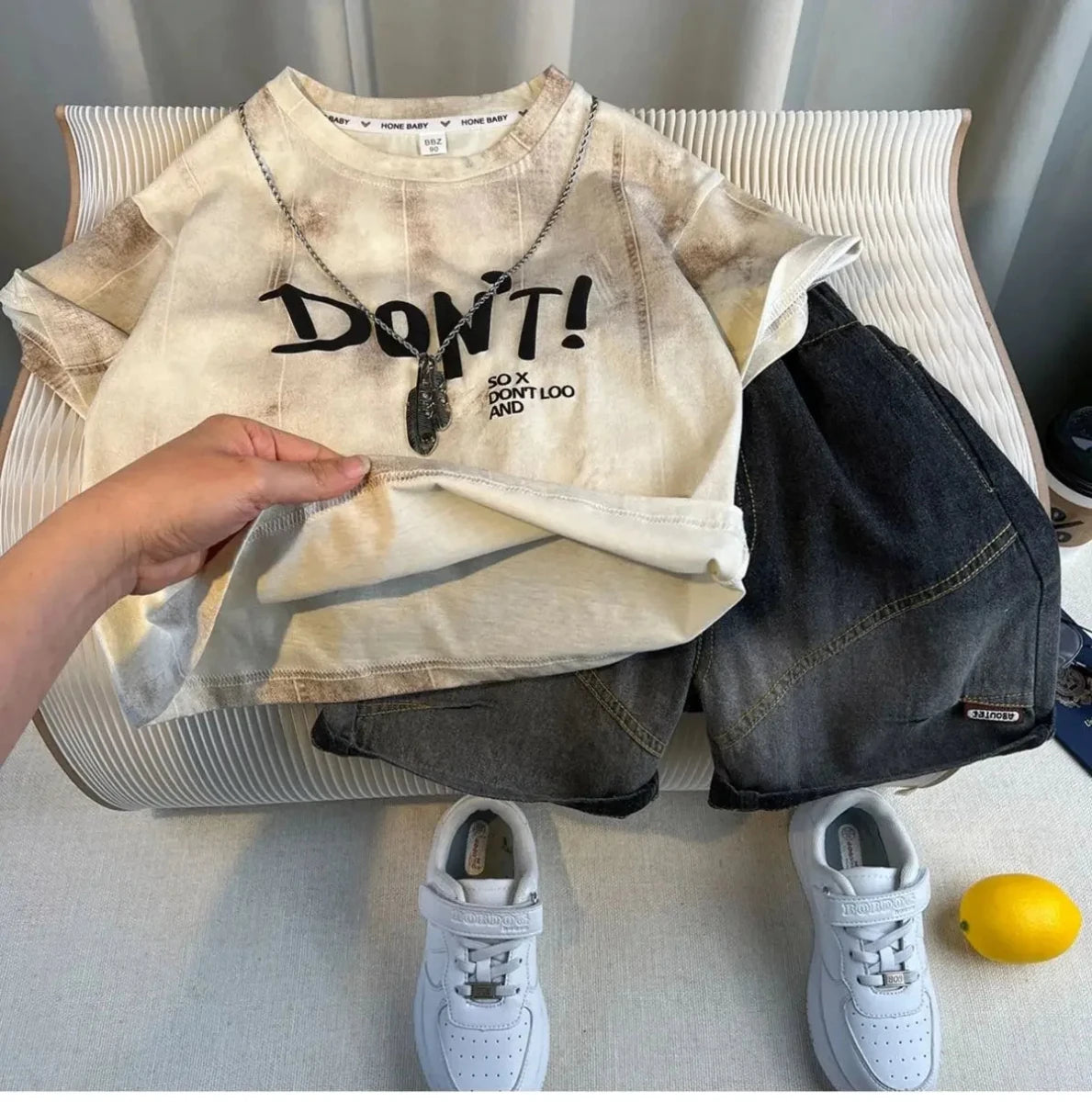 New Boys Fashion Summer Cotton Letter Printing T-shirts+Graffiti Denim Shorts 2pcs Set Kids Korean Outfits Sets Children Clothes - Mom & Kids
