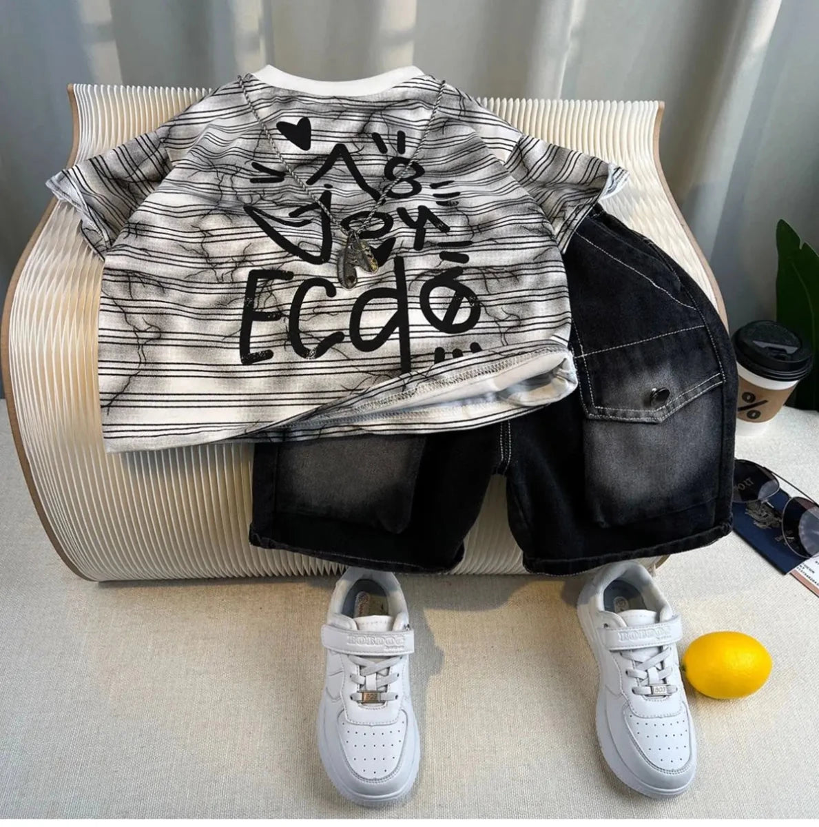 New Boys Fashion Summer Cotton Letter Printing T-shirts+Graffiti Denim Shorts 2pcs Set Kids Korean Outfits Sets Children Clothes - Mom & Kids