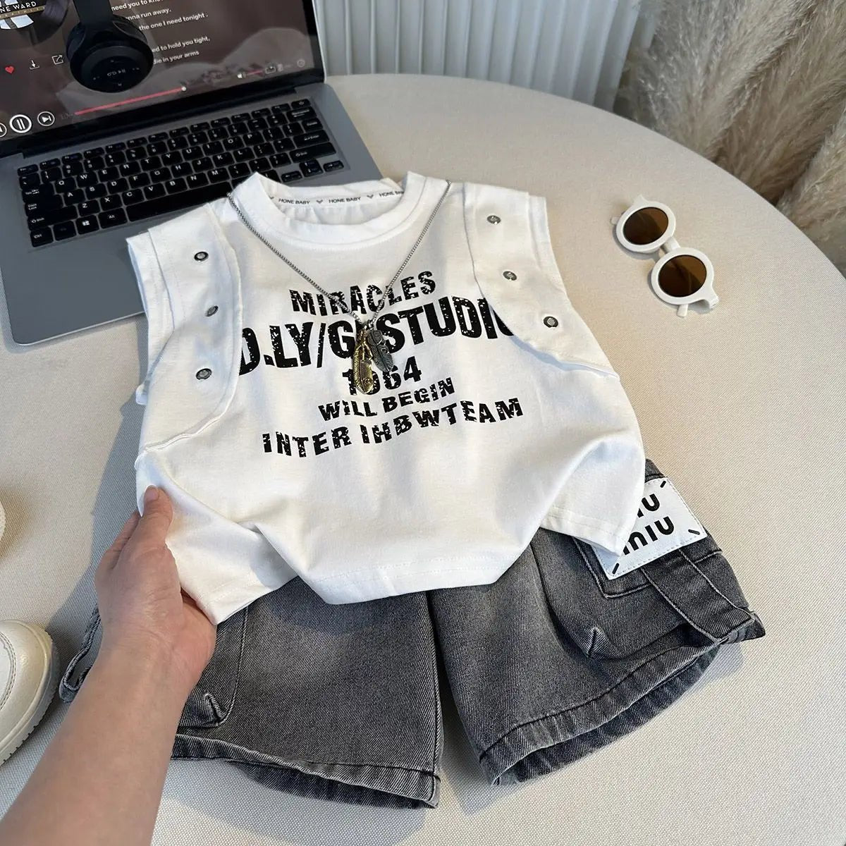 New Boys Sleeveless Vest Denim Shorts 2PC Sets Outdoor Festival Clothing Vintage Print Kids Miracle Design 2-10 Years White Tops - Mom & Kids