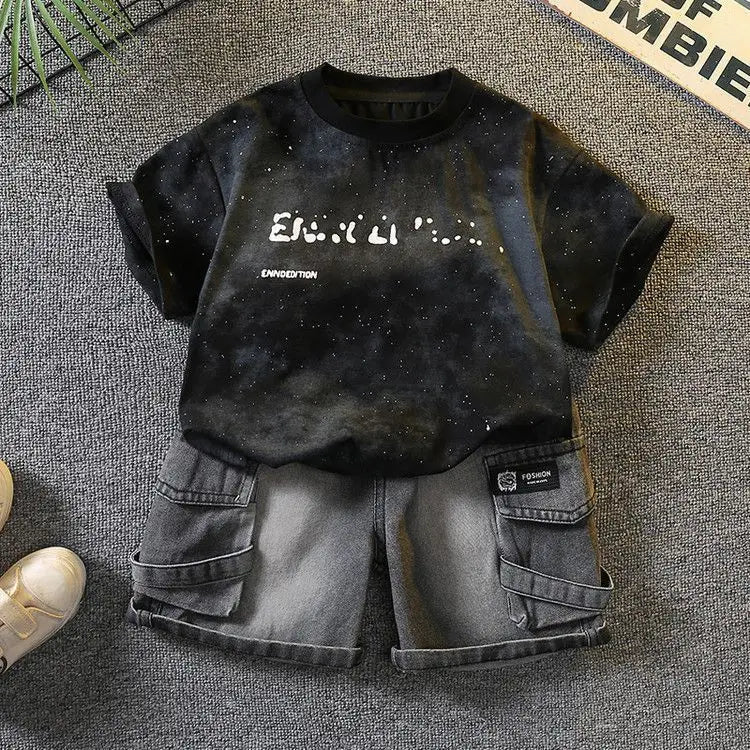 New Boys Sleeveless Vest Denim Shorts 2PC Sets Outdoor Festival Clothing Vintage Print Kids Miracle Design 2-10 Years White Tops - Mom & Kids