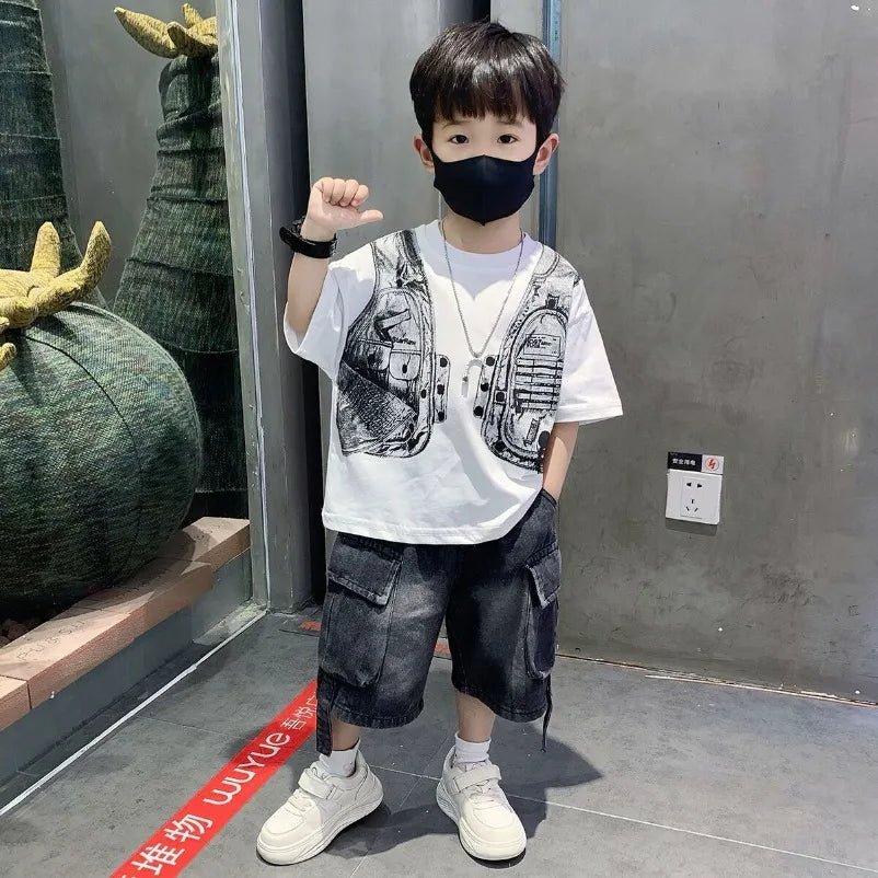 New Boys Sleeveless Vest Denim Shorts 2PC Sets Outdoor Festival Clothing Vintage Print Kids Miracle Design 2-10 Years White Tops - Mom & Kids