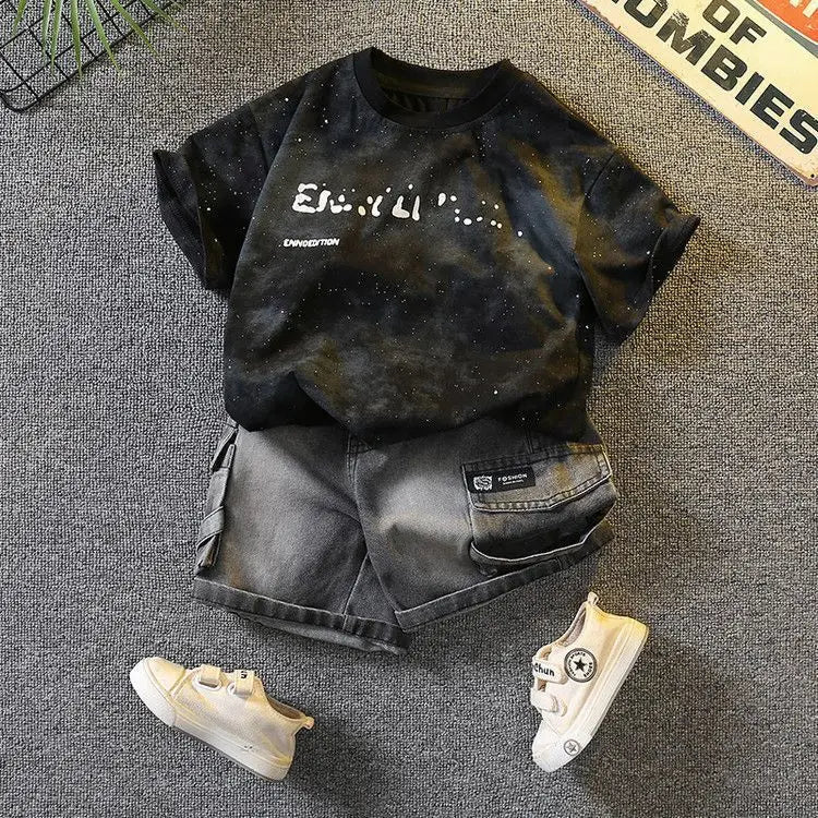 New Boys Sleeveless Vest Denim Shorts 2PC Sets Outdoor Festival Clothing Vintage Print Kids Miracle Design 2-10 Years White Tops - Mom & Kids