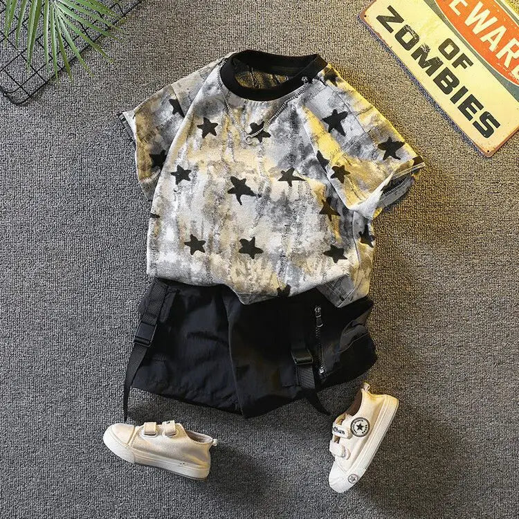 New Boys Sleeveless Vest Denim Shorts 2PC Sets Outdoor Festival Clothing Vintage Print Kids Miracle Design 2-10 Years White Tops - Mom & Kids