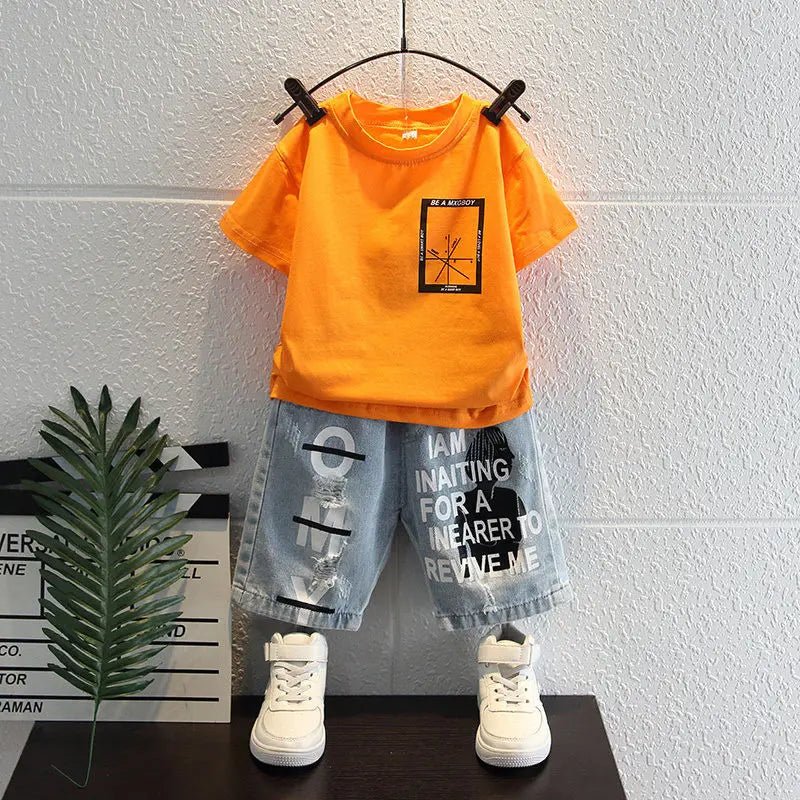 New Boys Sleeveless Vest Denim Shorts 2PC Sets Outdoor Festival Clothing Vintage Print Kids Miracle Design 2-10 Years White Tops - Mom & Kids