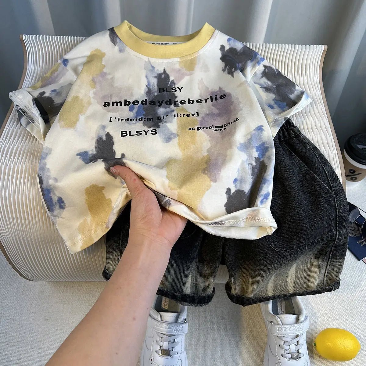 New Boys Sleeveless Vest Denim Shorts 2PC Sets Outdoor Festival Clothing Vintage Print Kids Miracle Design 2-10 Years White Tops - Mom & Kids