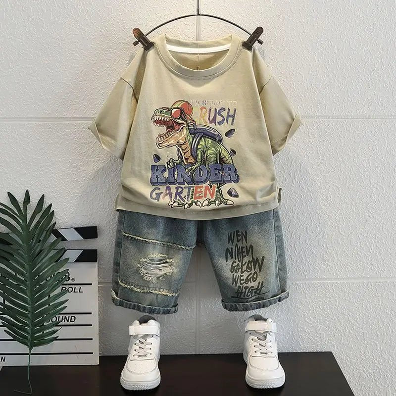 New Boys Sleeveless Vest Denim Shorts 2PC Sets Outdoor Festival Clothing Vintage Print Kids Miracle Design 2-10 Years White Tops - Mom & Kids