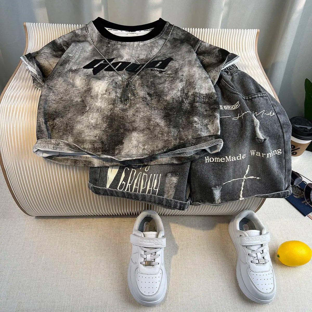 New Boys Sleeveless Vest Denim Shorts 2PC Sets Outdoor Festival Clothing Vintage Print Kids Miracle Design 2-10 Years White Tops - Mom & Kids