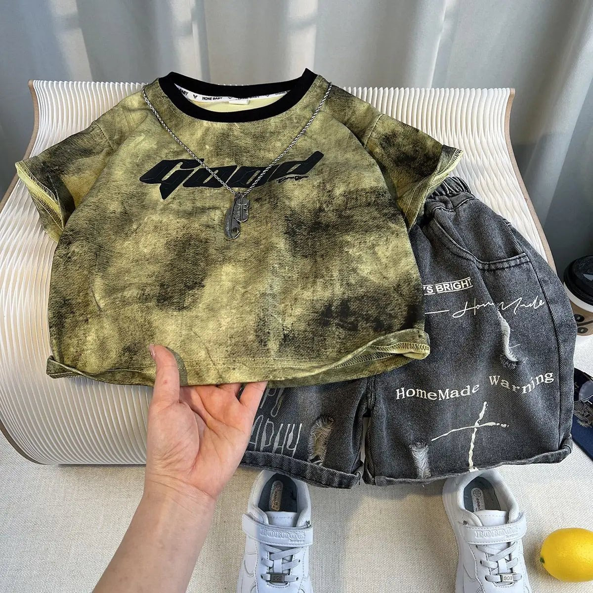 New Boys Sleeveless Vest Denim Shorts 2PC Sets Outdoor Festival Clothing Vintage Print Kids Miracle Design 2-10 Years White Tops - Mom & Kids