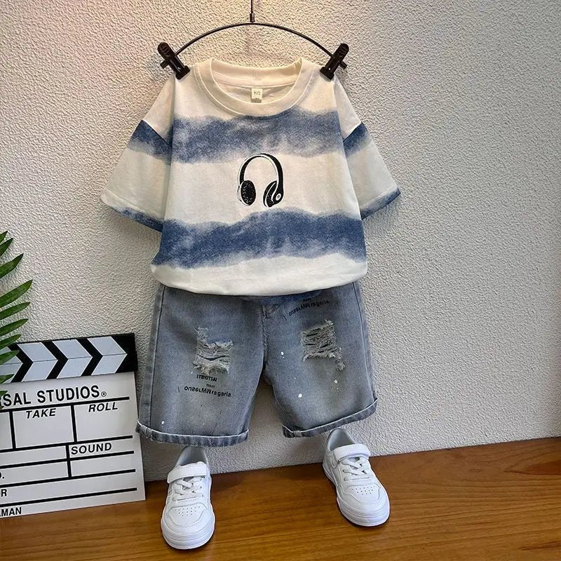 New Boys Sleeveless Vest Denim Shorts 2PC Sets Outdoor Festival Clothing Vintage Print Kids Miracle Design 2-10 Years White Tops - Mom & Kids