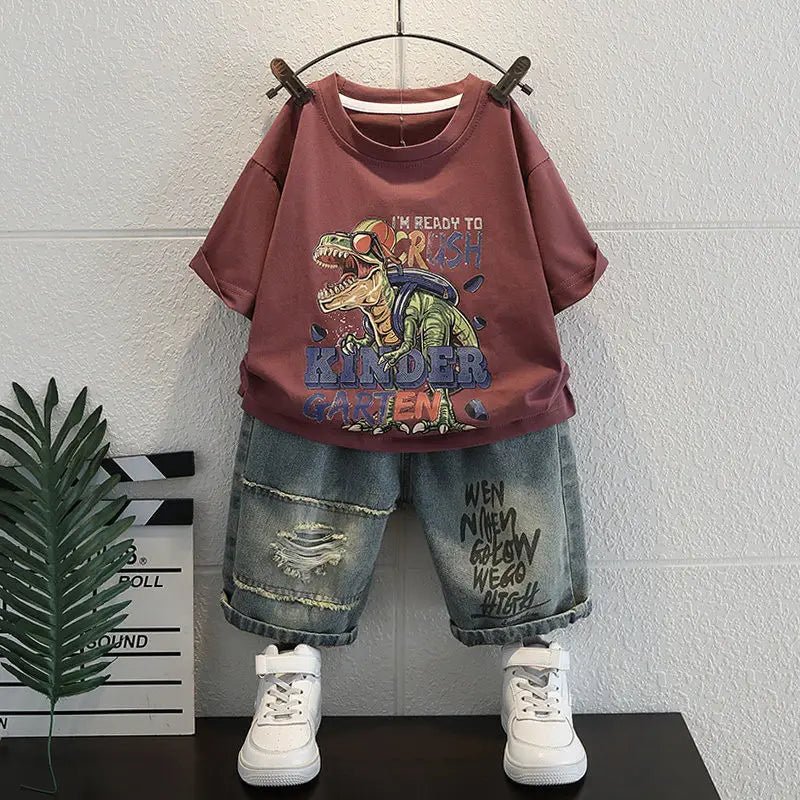 New Boys Sleeveless Vest Denim Shorts 2PC Sets Outdoor Festival Clothing Vintage Print Kids Miracle Design 2-10 Years White Tops - Mom & Kids