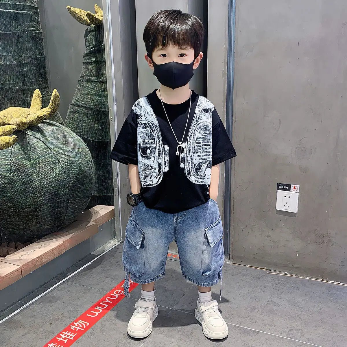 New Boys Sleeveless Vest Denim Shorts 2PC Sets Outdoor Festival Clothing Vintage Print Kids Miracle Design 2-10 Years White Tops - Mom & Kids