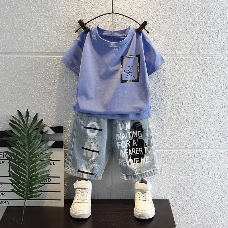 New Boys Sleeveless Vest Denim Shorts 2PC Sets Outdoor Festival Clothing Vintage Print Kids Miracle Design 2-10 Years White Tops - Mom & Kids