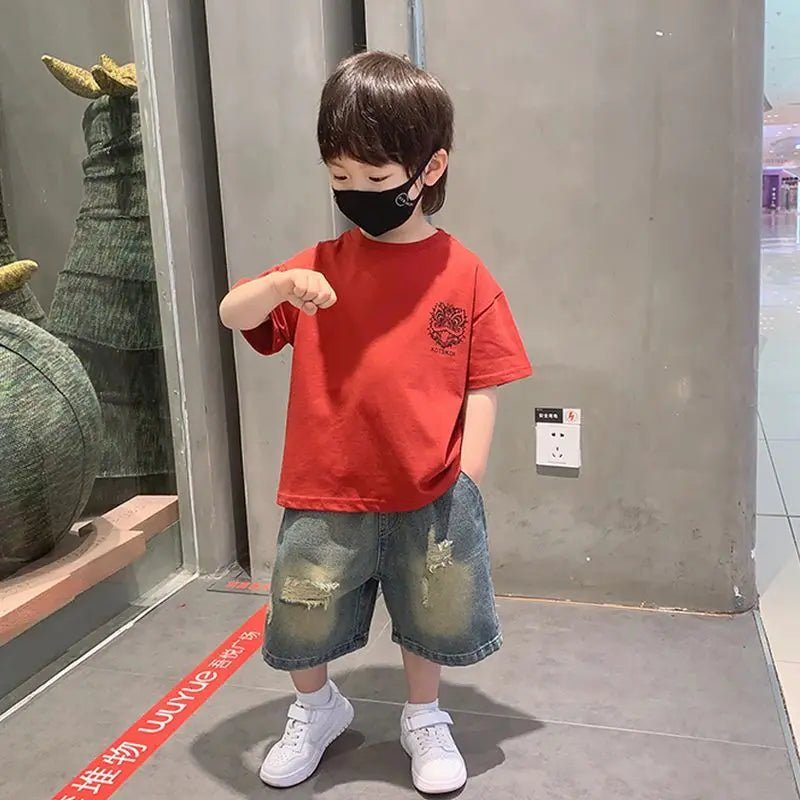 New Boys Sleeveless Vest Denim Shorts 2PC Sets Outdoor Festival Clothing Vintage Print Kids Miracle Design 2-10 Years White Tops - Mom & Kids