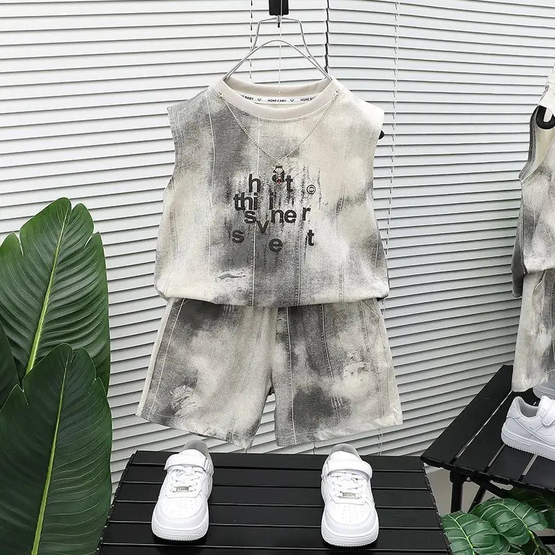 New Boys Sleeveless Vest Denim Shorts 2PC Sets Outdoor Festival Clothing Vintage Print Kids Miracle Design 2-10 Years White Tops - Mom & Kids