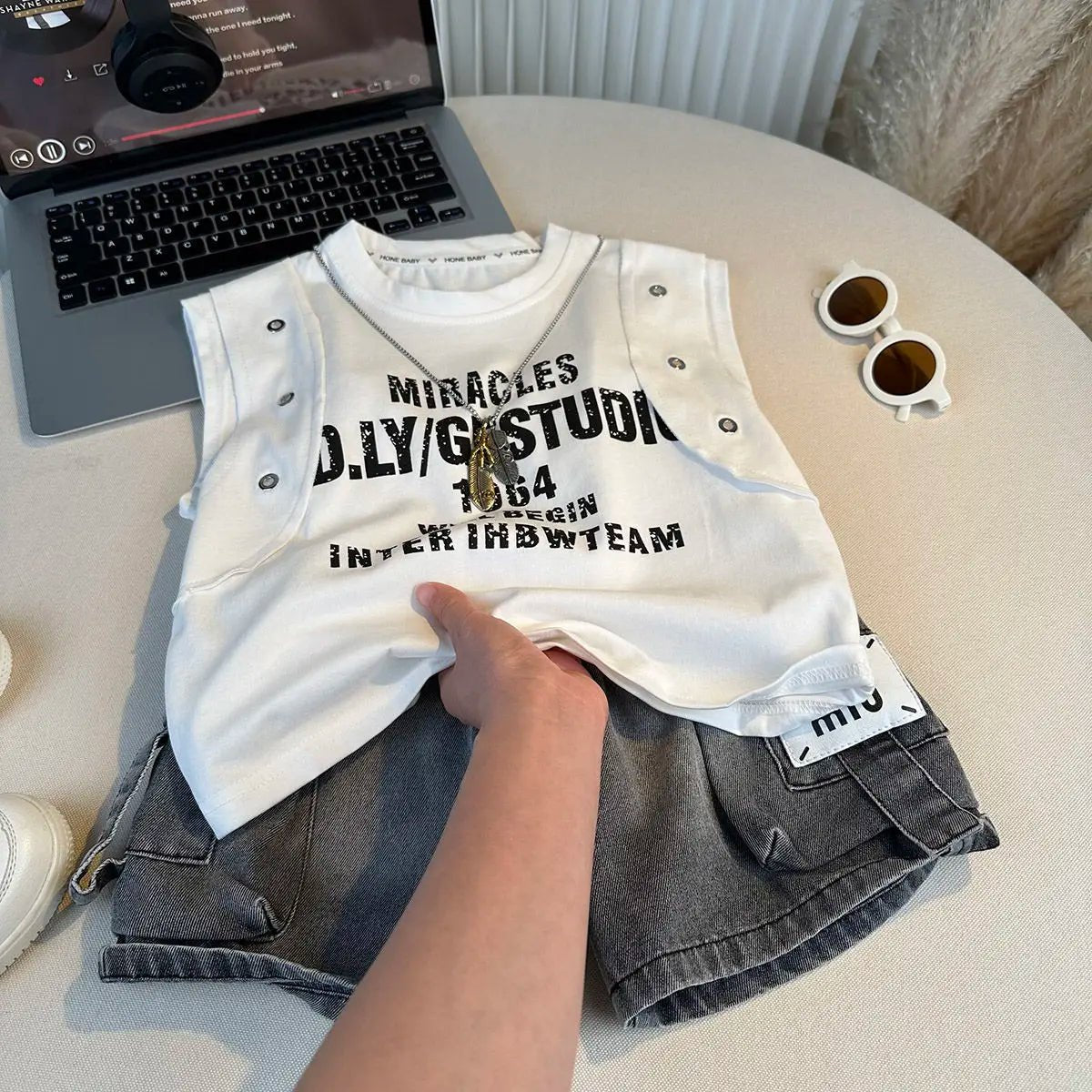 New Boys Sleeveless Vest Denim Shorts 2PC Sets Outdoor Festival Clothing Vintage Print Kids Miracle Design 2-10 Years White Tops - Mom & Kids