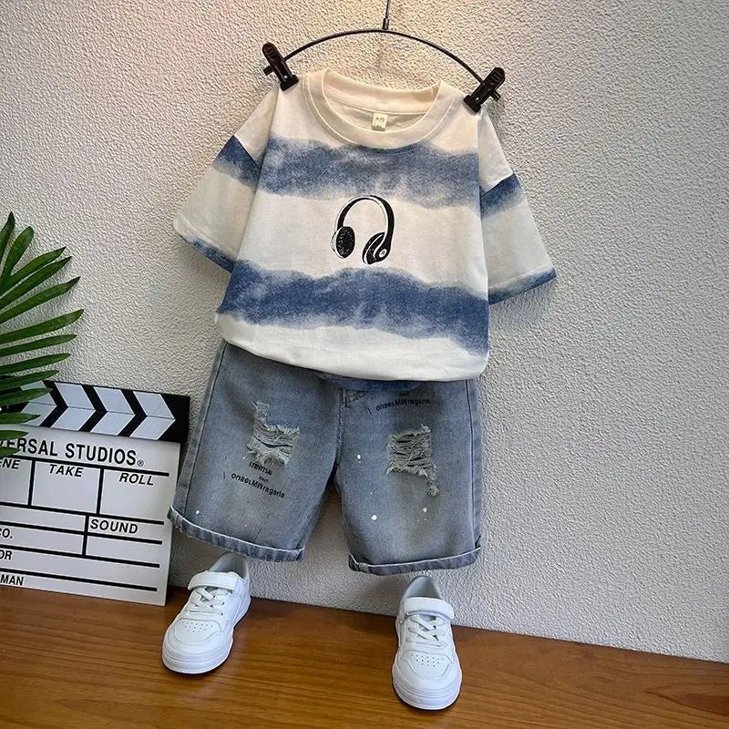 New Boys Sleeveless Vest Denim Shorts 2PC Sets Outdoor Festival Clothing Vintage Print Kids Miracle Design 2-10 Years White Tops - Mom & Kids