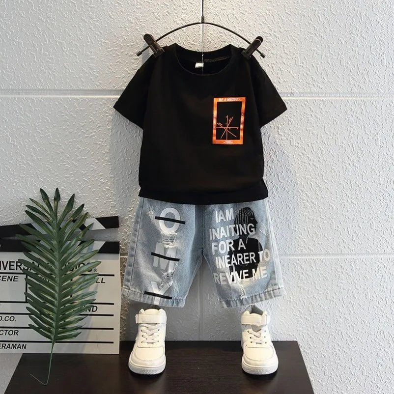New Boys Sleeveless Vest Denim Shorts 2PC Sets Outdoor Festival Clothing Vintage Print Kids Miracle Design 2-10 Years White Tops - Mom & Kids