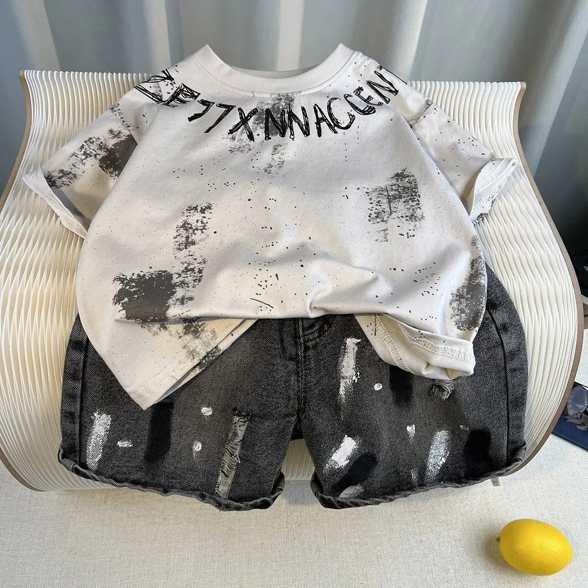 New Boys Sleeveless Vest Denim Shorts 2PC Sets Outdoor Festival Clothing Vintage Print Kids Miracle Design 2-10 Years White Tops - Mom & Kids