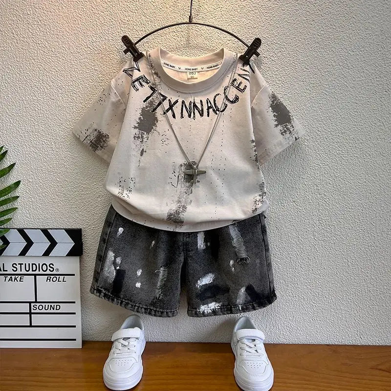 New Boys Sleeveless Vest Denim Shorts 2PC Sets Outdoor Festival Clothing Vintage Print Kids Miracle Design 2-10 Years White Tops - Mom & Kids