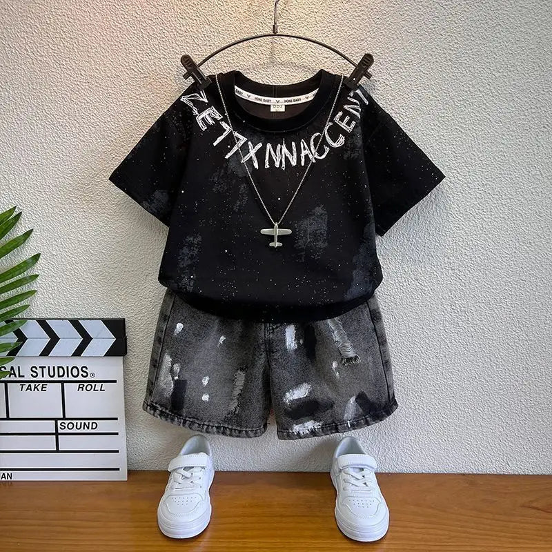New Boys Sleeveless Vest Denim Shorts 2PC Sets Outdoor Festival Clothing Vintage Print Kids Miracle Design 2-10 Years White Tops - Mom & Kids