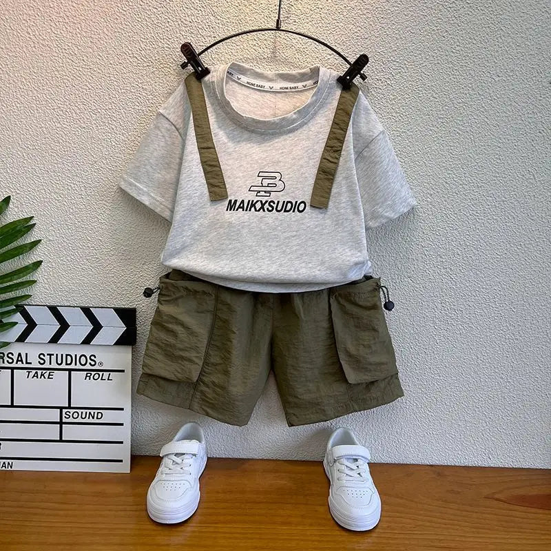 New Boys Sleeveless Vest Denim Shorts 2PC Sets Outdoor Festival Clothing Vintage Print Kids Miracle Design 2-10 Years White Tops - Mom & Kids