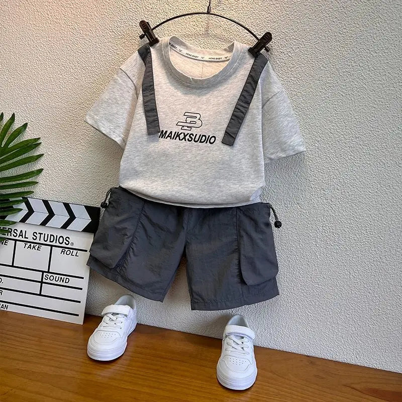 New Boys Sleeveless Vest Denim Shorts 2PC Sets Outdoor Festival Clothing Vintage Print Kids Miracle Design 2-10 Years White Tops - Mom & Kids