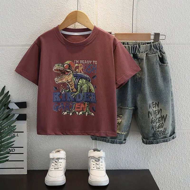 New Boys Sleeveless Vest Denim Shorts 2PC Sets Outdoor Festival Clothing Vintage Print Kids Miracle Design 2-10 Years White Tops - Mom & Kids