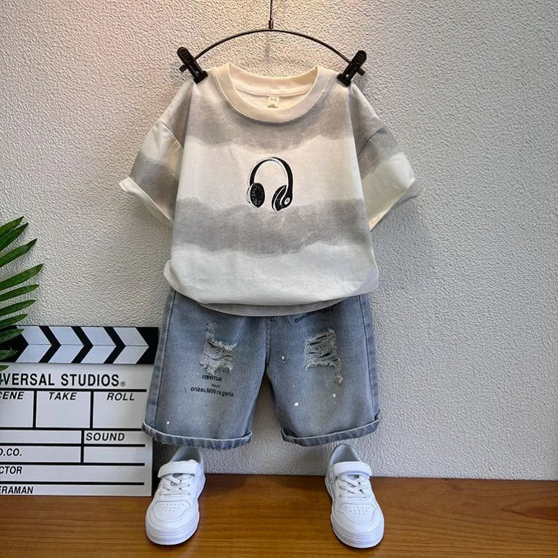 New Boys Sleeveless Vest Denim Shorts 2PC Sets Outdoor Festival Clothing Vintage Print Kids Miracle Design 2-10 Years White Tops - Mom & Kids