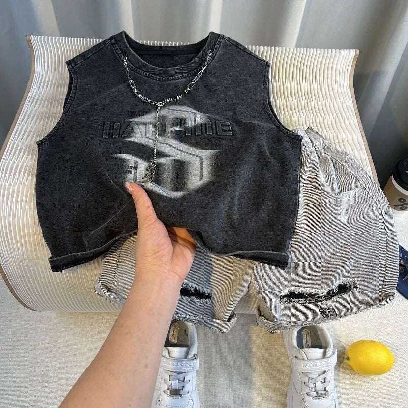 New Boys Sleeveless Vest Denim Shorts 2PC Sets Outdoor Festival Clothing Vintage Print Kids Miracle Design 2-10 Years White Tops - Mom & Kids